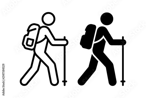 Hiking icon set black and white line art of a hiker with backpack and trekking poles