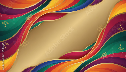 Abstract colorful wave background with gold center, vibrant flowing ribbon frame, smooth layered curves, festive decorative design