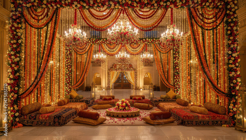 Ornate wedding hall with floral drape, warm light, and traditional floor seating for festive celebration