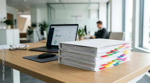 Stack of Organized Office Binders and Laptop on a Desk in Modern Workspace Area