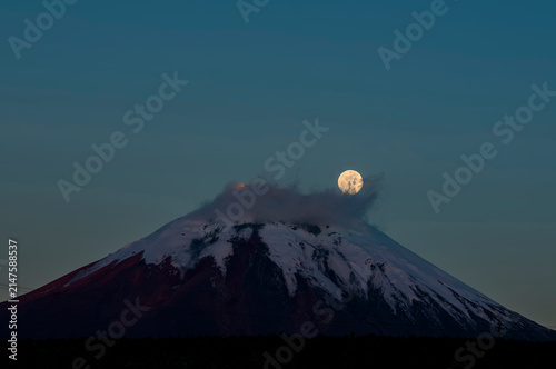 Full Moon Over Majestic Cotopaxi Volcano at Dusk.