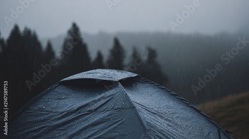 Close-up shot of an outdoor camping tent during rainy weather 