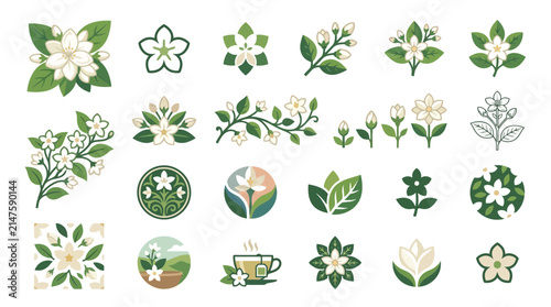 Jasmine flower icons and green tea badges.