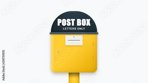 Yellow Post Box for Sending Letters and Postal Mail Services on White Background