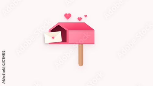 Romantic Pink Mailbox with White Heart Envelope and Floating Love Hearts on White Background