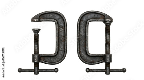 Two weathered industrial C-clamps, one open and one closed, isolated on a transparent background.