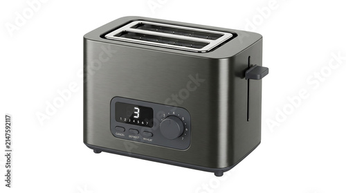 Modern 2-slice digital toaster in dark brushed metal, isolated on transparent background.