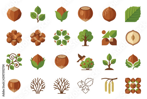 Hazelnut and foliage icon set for branding.