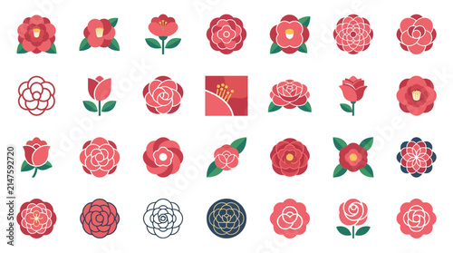 Stylized red and pink flower icon set.
