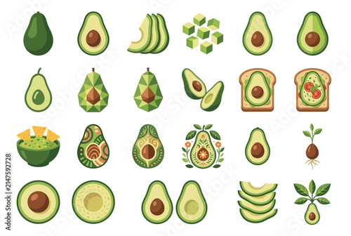 Various avocado fruit icons and flat illustrations collection.
