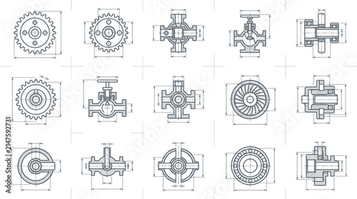Fotografie Industrial valves and gear mechanisms are illustrated in this technical schematic showing precision rotational components alongside complex internal fluid control assemblies for machinery