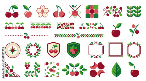 Decorative cherry icons and floral border collection.