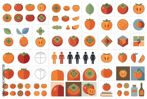 Flat orange persimmon fruit icons and graphics collection.