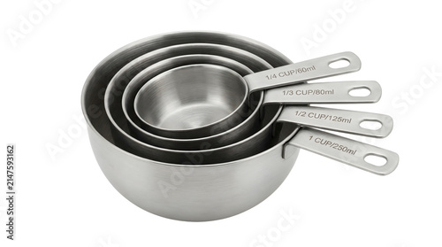 Professional stainless steel measuring cup set for precise kitchen use, no background.