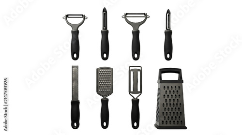 Isolated collection of diverse kitchen peelers and graters on a transparent background.