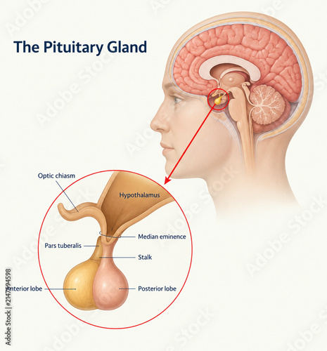 AI generated detailed pituitary gland anatomy illustrating hypothalamus anterior posterior pituitary stalk optic chiasm endocrine connections for medical education biomedical research