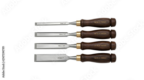 Set of four professional woodworking chisels with wooden handles, isolated on transparent background.