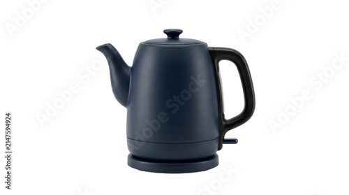 Isolated modern matte dark blue electric pour-over kettle on a transparent background for hot beverages.