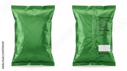 Green snack packaging mockup, front and back view of blank foil bag, matte plastic food pouch for chips or nuts, isolated product template