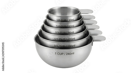 Isolated stainless steel measuring cups set for baking and cooking on transparent background.