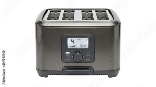 Modern brushed stainless steel 4-slice toaster with digital display, isolated on transparent background.