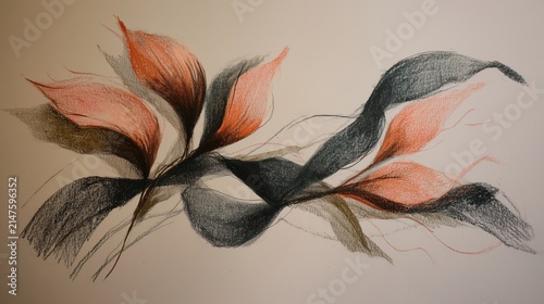 Abstract floral drawing featuring botanical leaves and petals wallpaper