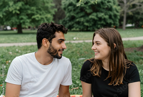 Young diverse couple smiling and looking at each other during a casual outdoor picnic in a green park, They are sitting in a green park with trees in the background