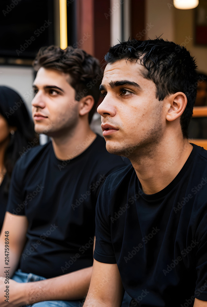 Obraz premium Young adult man with dark hair and stubble looking intently to the right, focused expression in a group setting
