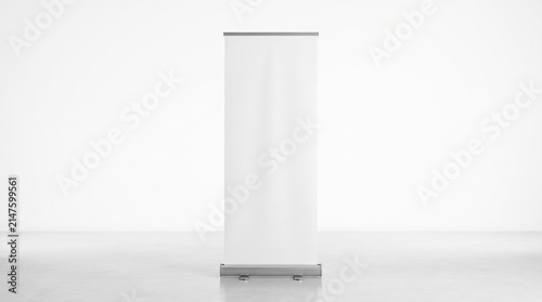 Blank roll up banner mockup in bright studio, vertical white pull up banner stand, minimalist advertising display for trade shows and exhibitions