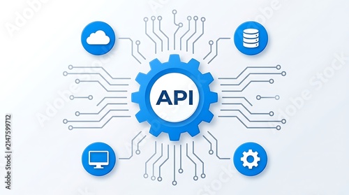 API system integration concept with blue gear and circuit connections to cloud and database icons