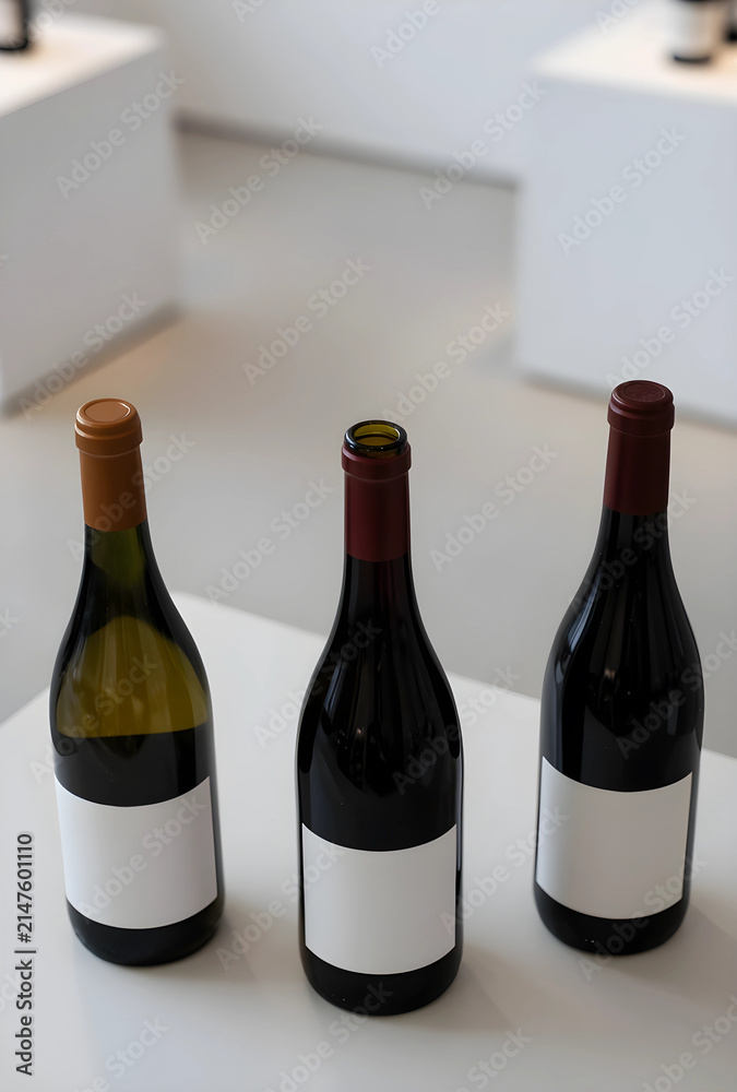 Obraz premium Three wine bottles with blank labels, including red and white varieties, for branding and product display