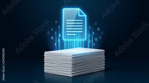 Digital document scanning and digitization process transforming paper stack into glowing binary data file