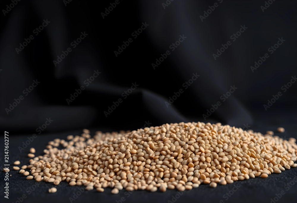 Obraz premium Pile of sesame seeds on a dark background, healthy food and cooking ingredients, natural organic product