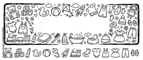 Cute Baby Essentials Doodle Border Isolated