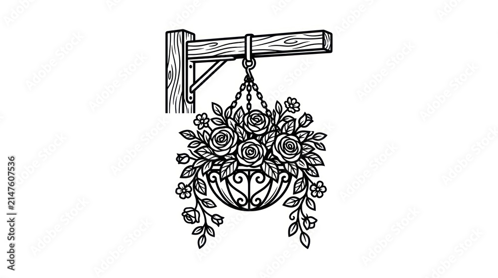 Obraz premium Industrial Black and White Hanging Flower Basket Sign with Rustic Wooden Hook and Chain Design with high quality professional line art symbols for modern creative design and digital branding projects