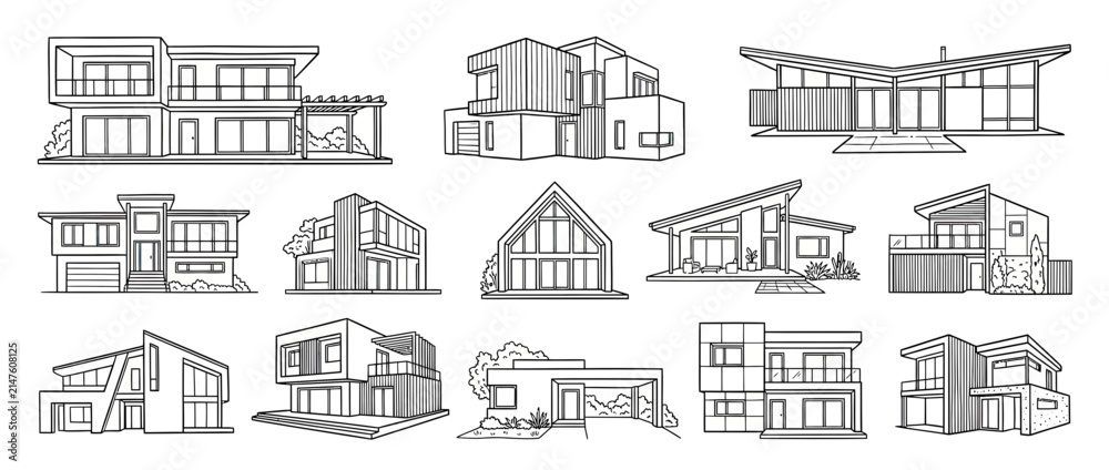 Fototapeta premium Collection of modern house designs in sketch style