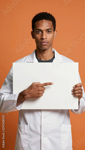 Young African American man in lab coat holding blank sign pointing