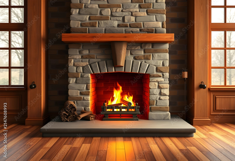 Obraz premium Cozy stone fireplace with a burning fire and wooden mantelpiece in a rustic living room interior, the rustic interior features a hearth with logs and flames