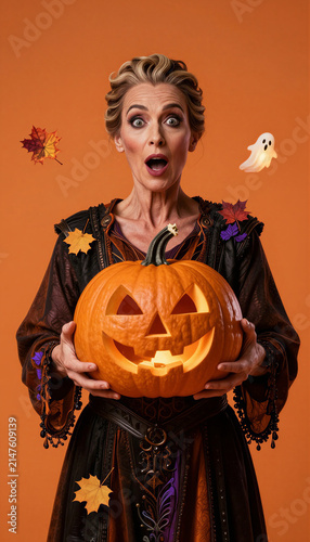 Surprised adult woman holding a glowing jack-o'-lantern with autumn