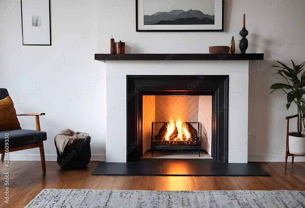 Obraz premium Modern living room with a lit fireplace, cozy home interior design, and warm ambiance for relaxation and comfort