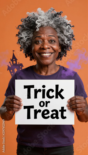 Smiling senior woman holding Trick or Treat sign with haunted house