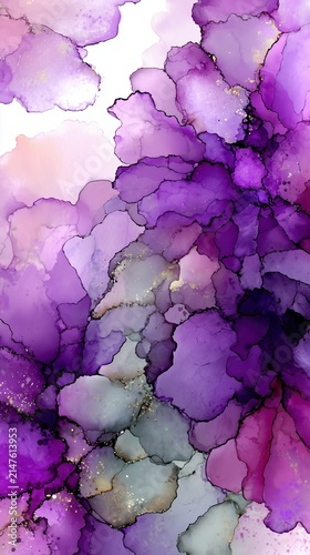 Abstract alcohol ink floral wallpaper with purple and gold botanical accents