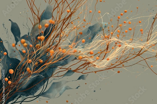 Abstract botanical fluid art featuring floral texture in orange and teal tones