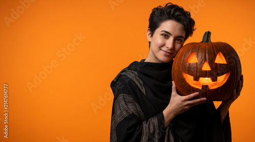 Young person smiling and holding a glowing jack-o'-lantern