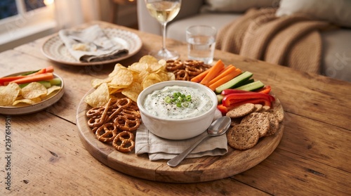 Party Platter Perfection: A delectable spread of assorted snacks and creamy dip awaits, featuring crunchy chips, salty pretzels, crisp vegetable sticks, and crackers.