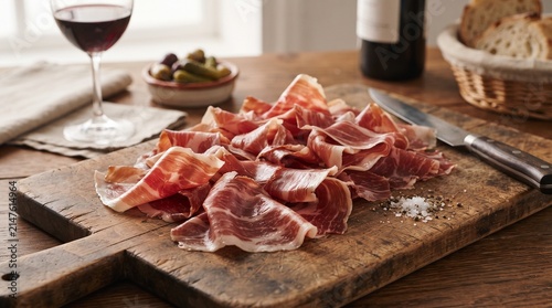 Cured Ham Slices on Rustic Board: Thinly sliced cured ham, glistening with rich color, is artfully arranged on a weathered wooden cutting board, accompanied by olives, bread, wine.