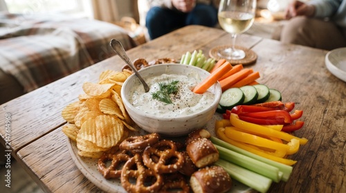 Appetizer Platter Delight: A bountiful platter brimming with crunchy potato chips, savory pretzels, fresh vegetable sticks, and a creamy dip, perfect for sharing during a relaxed gathering.