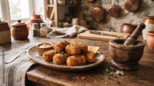 Golden Bites on a Rustic Table: Delicious, golden-brown fritters artfully arranged on a plate, served with a dollop of creamy sauce, sit ready to be savored in a warm, inviting kitchen setting.