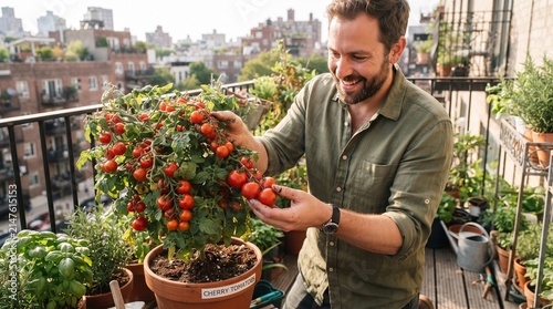 Balcony Gardener: A smiling man tends to his bountiful cherry tomato plant on a city balcony, surrounded by fresh herbs and greenery, enjoying the urban oasis.
