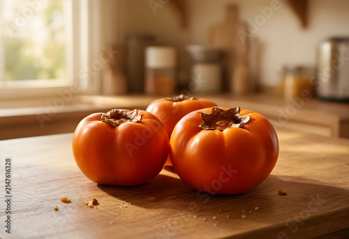 Three ripe orange persimmon...